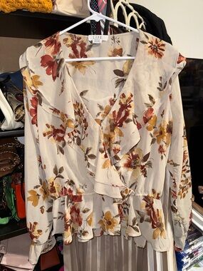 Floral Ruffle V-Neck Blouse in Beige with Mustard & Rust Accents